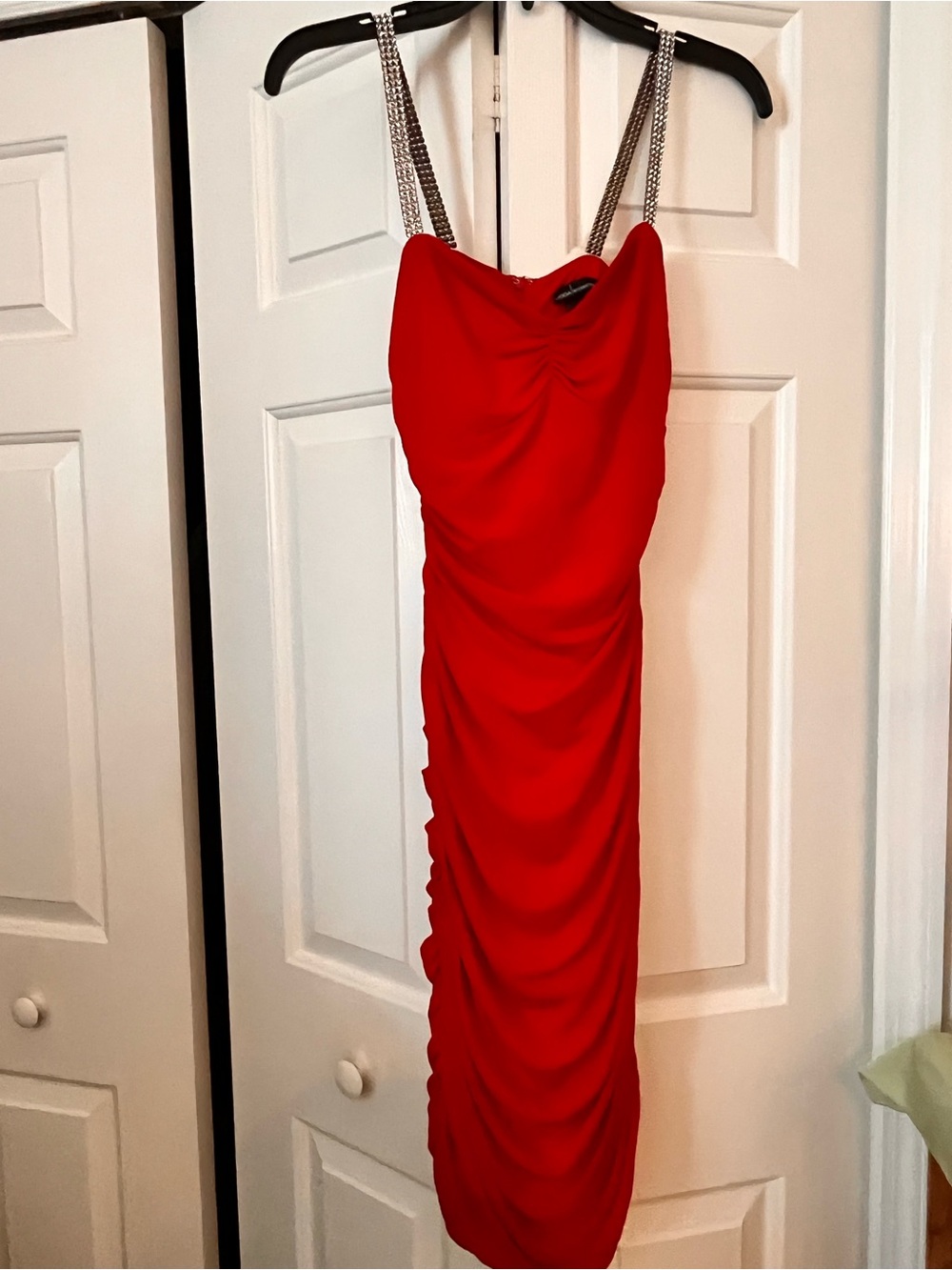 Moda International Women’s Red Ruched Slip Dress with Chain Straps